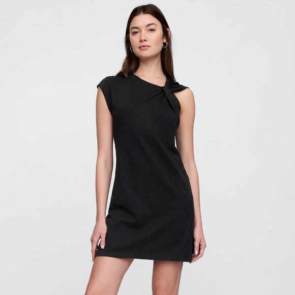 NWT Gap Slub Tie Sleeve T-Shirt Mini Dress Black Size XS Knot Open Minimalist - Picture 1 of 11